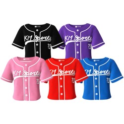 Custom Logo OEM ODM Womens Baseball Jersey Button Down T-Shirts Short Sleeve V-Neck Crop Top Plus Size Anti-Bacterial Breathable